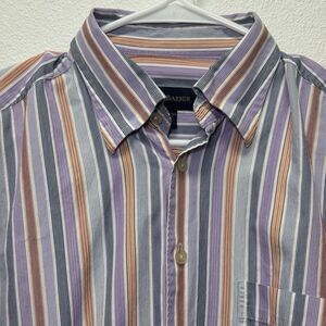 Scott Barber Shirt‎ M Purple Gray Orange Stripe 100% Cotton Button Long Sleeve